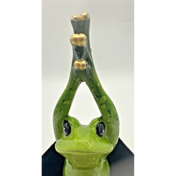 Two Tone Green Yoga Frog Arms Up Resin Figurine 5.5”x 4" Gloss Gold Nails Cute - Picture 4 of 13